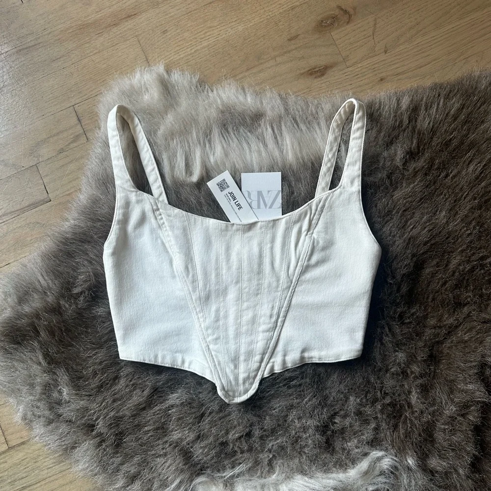 Zara Topstitched Corset Top - Oyster/Off White - Size Small - NWT - Picture 3 of 9